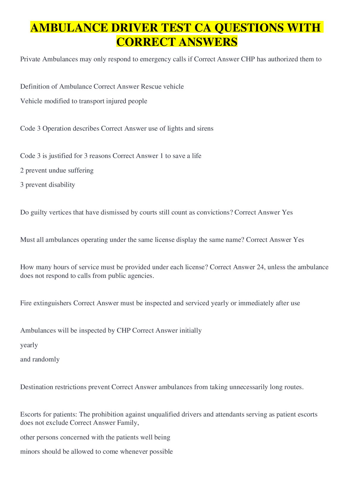 Preview image for AMBULANCE DRIVER TEST CA QUESTIONS WITH CORRECT ANSWERS